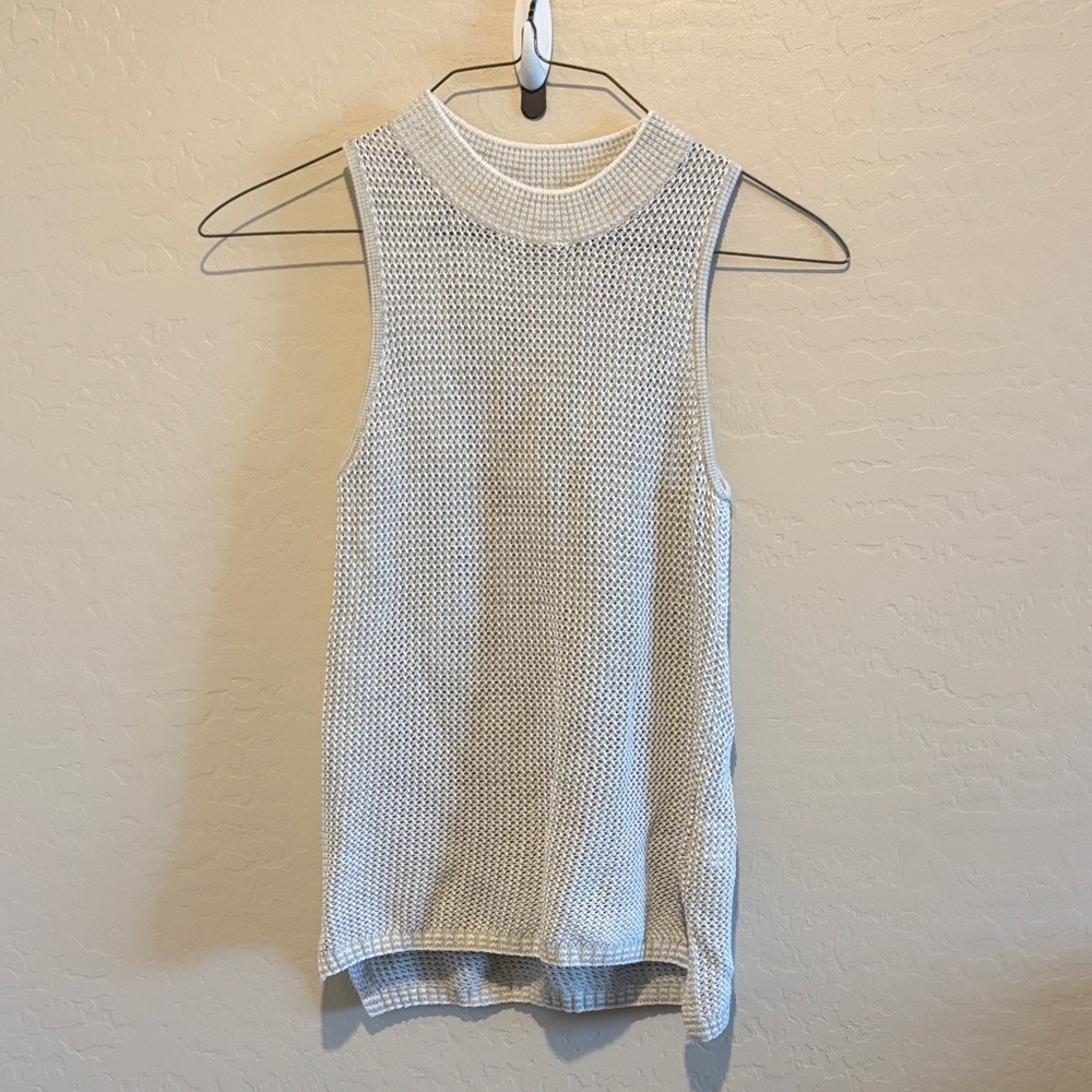 White + Warren Cream Open Weave Sleeveless Mock-Neck Tank
